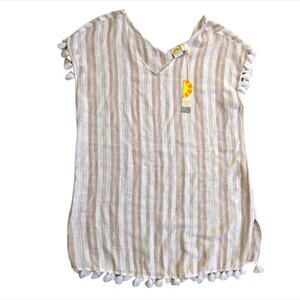 C&C California Neutral Linen Blend Stripes Tassel Boho Beach Coverup Dress NWT